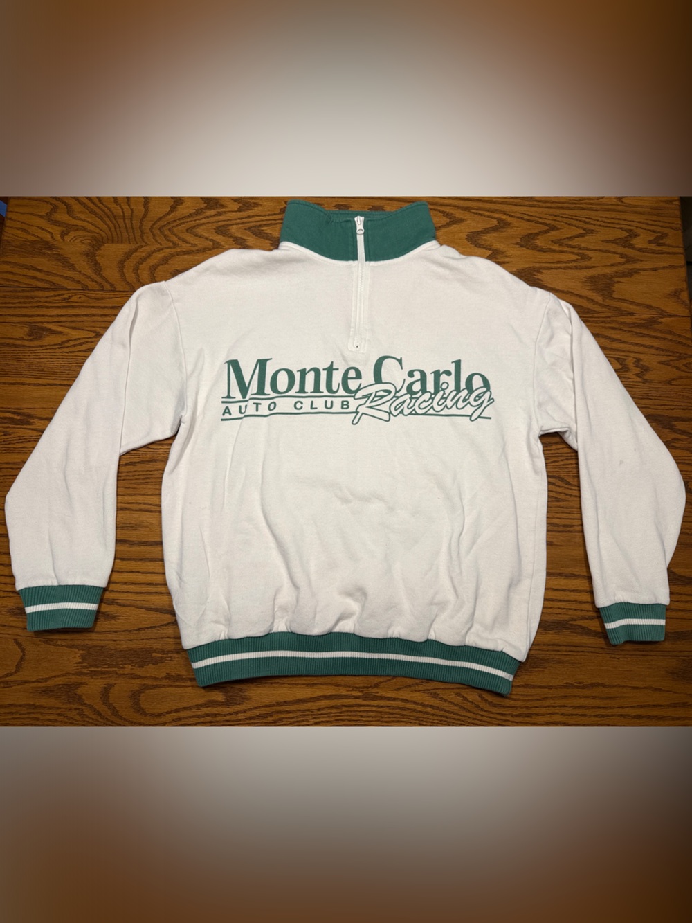 Zoe + Liv White Sweatshirt with Dark Green Trim